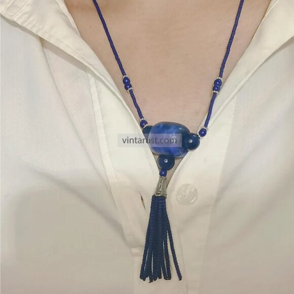 Handmade Lapis Lazuli Beaded Necklace: Boho Tassel Statement Jewelry - Picture 2 of 5